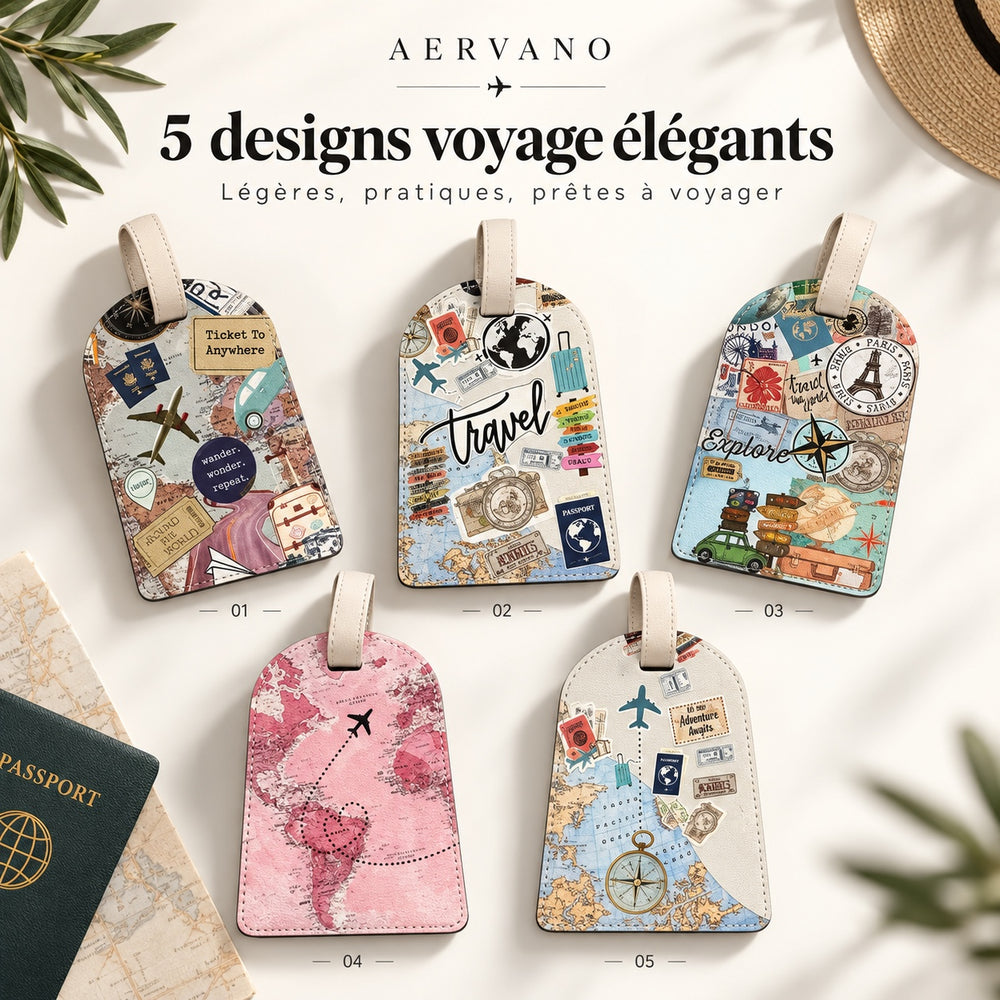 Aervano VoyageTag cinq designs d'étiquettes de bagage